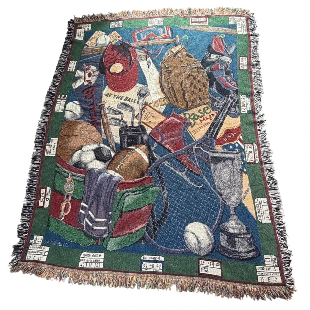 Vintage SA Maxwell Co Sports Woven Tapestry Throw Blanket Fringed Border 52x66